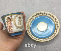 Antique Sevres Cherub Blue Celeste Tea Cup Saucer Set Gold Louise Philippe