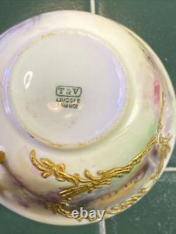 Antique T & V Limoges France Tea Cup & Saucer HandPainted Farm Heavy Gold c1890