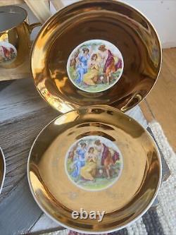 Antique Tea Cup, 4 Saucer & Desert Plate Gilded, Scenic, 19th Century Set H & C
