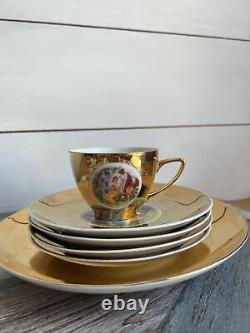 Antique Tea Cup, 4 Saucer & Desert Plate Gilded, Scenic, 19th Century Set H & C