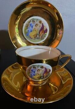 Antique Tea Cup, Saucer & Desert Plate Gilded, Scenic, 19th Century Set by H & C