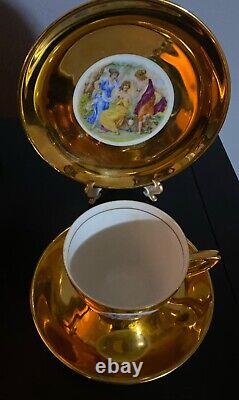 Antique Tea Cup, Saucer & Desert Plate Gilded, Scenic, 19th Century Set by H & C