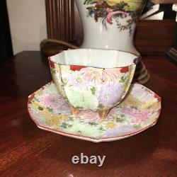Antique Tea Cup Saucer Floral Hand Painted Porcelain Ornate Victorian Georgian