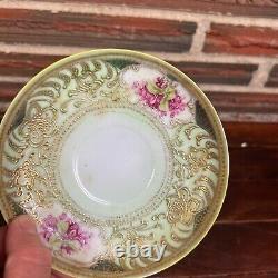Antique Tea Cup Saucer Hand Painted Green Gold Tone Floral Pink Flowers Round