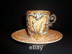 Antique Tea Cup & Saucer Large Teacup with 3D Dancing Couple inset Vintage WOW