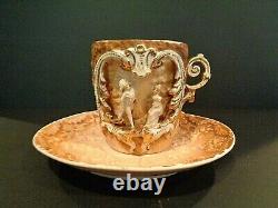 Antique Tea Cup & Saucer Large Teacup with 3D Dancing Couple inset Vintage WOW