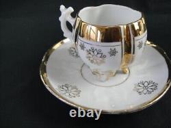 Antique Unmarked Tea Cup & Saucer Set Gold Accent Footed Base Floral Pattern