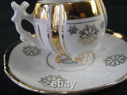 Antique Unmarked Tea Cup & Saucer Set Gold Accent Footed Base Floral Pattern