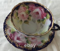Antique Unsigned Hand Painted Nippon Tea Cup and Saucer Cobalt Blue And Gold