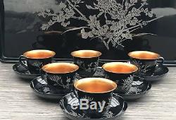 Antique Vintage Japanese Lacquer Ware Tea Set- Tea Pot Cups Saucers & Tray c1940