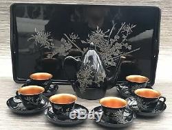 Antique Vintage Japanese Lacquer Ware Tea Set- Tea Pot Cups Saucers & Tray c1940