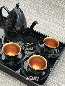 Antique Vintage Japanese Lacquer Ware Tea Set- Tea Pot Cups Saucers & Tray c1940