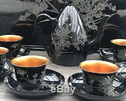 Antique Vintage Japanese Lacquer Ware Tea Set- Tea Pot Cups Saucers & Tray c1940