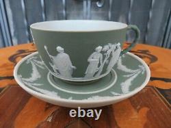 Antique Wedgwood Green Jasperware Glazed Tea Cup Saucer Set Sacrifice Figures