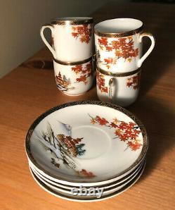Antique meiji hand painted gold leaf enamel eggshell 4 cups+5 saucers tea set