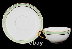 Antique set of (5) D&C L. Bernardaud Co Green Greek Keyhole Teacups & Saucers