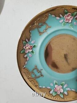 Arnart Creation teacup and saucer blue and gold pink flowers