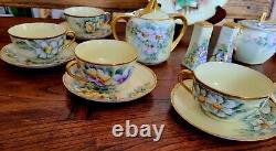 Artist Signed Cabbage Rose Pansies Tea Cup And Saucer 8 Set 25 Pc Creamer Sugar