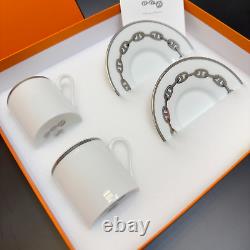 Authentic HERMES Chaine d'Ancre platinum Coffee Tea cup and saucer 2 sets