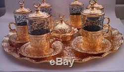 Authentic Turkish Tea Water Coffee Set 6 Cup Glass Saucer Cover Ottoman Gold