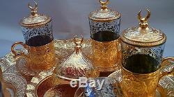 Authentic Turkish Tea Water Coffee Set 6 Cup Glass Saucer Cover Ottoman Gold