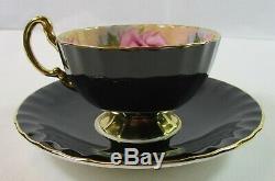 Aynsley 1031 Pink Cabbage Roses Black English Bone China Tea Cup & Saucer