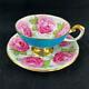 Aynsley Bailey-type Cabbage Roses Brocade Turquoise Cup & Saucer C1486 Low-ping