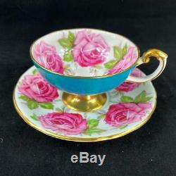 Aynsley Bailey-type Cabbage Roses Brocade Turquoise Cup & Saucer C1486 LOW-PING