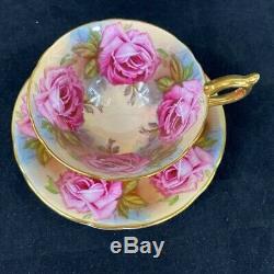 Aynsley Bailey-type Large Pink Cabbage Roses Brocade Cup & Saucer 1026