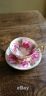 Aynsley Bailey-type Large Pink Cabbage Roses Brocade Cup & Saucer #701 RELISTED