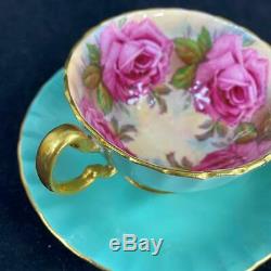 Aynsley Bailey-type Large Pink Four 4 Cabbage Roses Green Cup & Saucer C1031