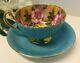 Aynsley Blue Turquoise Cup & Saucer Cabbage Roses Floral Ribbed Teacup