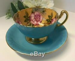 Aynsley Blue Turquoise Cup & Saucer Cabbage Roses Floral Ribbed Teacup