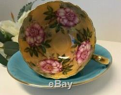 Aynsley Blue Turquoise Cup & Saucer Cabbage Roses Floral Ribbed Teacup