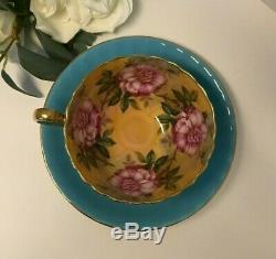 Aynsley Blue Turquoise Cup & Saucer Cabbage Roses Floral Ribbed Teacup