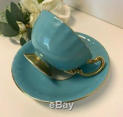 Aynsley Blue Turquoise Cup & Saucer Cabbage Roses Floral Ribbed Teacup