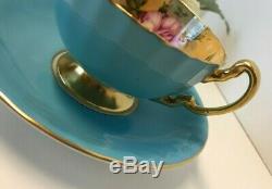 Aynsley Blue Turquoise Cup & Saucer Cabbage Roses Floral Ribbed Teacup