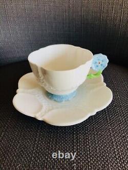 Aynsley Blue and White Flower Handle Art Deco Footed Tea Cup Saucer, Paragon