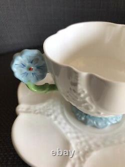 Aynsley Blue and White Flower Handle Art Deco Footed Tea Cup Saucer, Paragon