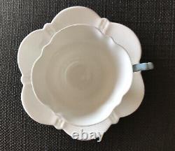 Aynsley Blue and White Flower Handle Art Deco Footed Tea Cup Saucer, Paragon