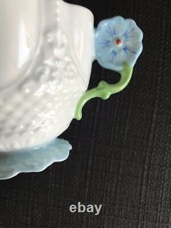 Aynsley Blue and White Flower Handle Art Deco Footed Tea Cup Saucer, Paragon