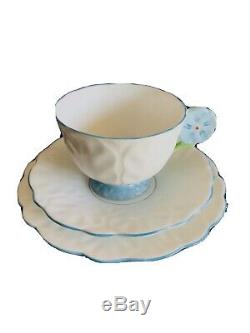 Aynsley Blue and White Flower Handle Bone China Footed Tea Cup Saucers, Paragon