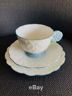 Aynsley Blue and White Flower Handle Bone China Footed Tea Cup Saucers, Paragon