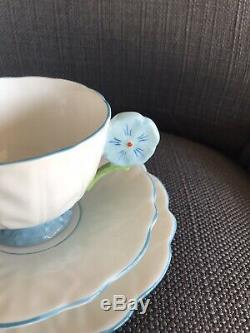 Aynsley Blue and White Flower Handle Bone China Footed Tea Cup Saucers, Paragon