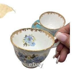 Aynsley Bone China Tea Cups & Saucer #28 Blue, Pink, Yellow Floral With Gold Trim