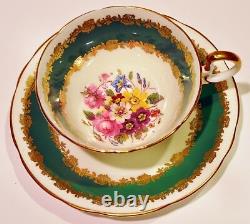 Aynsley Bone China Teacup & Saucer Floral Flowers Gold Gilt on Green England
