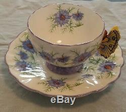 Aynsley Butterfly Handle Danity Purple Cornflower Tea Cup And Saucer