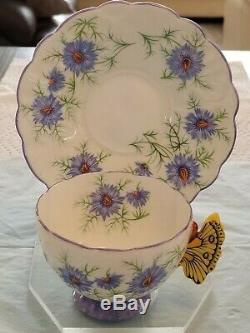 Aynsley Butterfly Handle Danity Purple Cornflower Tea Cup And Saucer