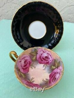 Aynsley C1031 Pink Cabbage Roses & Black Bone China Tea Cup & Saucer