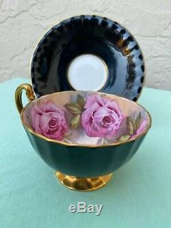 Aynsley C1031 Pink Cabbage Roses & Black Bone China Tea Cup & Saucer